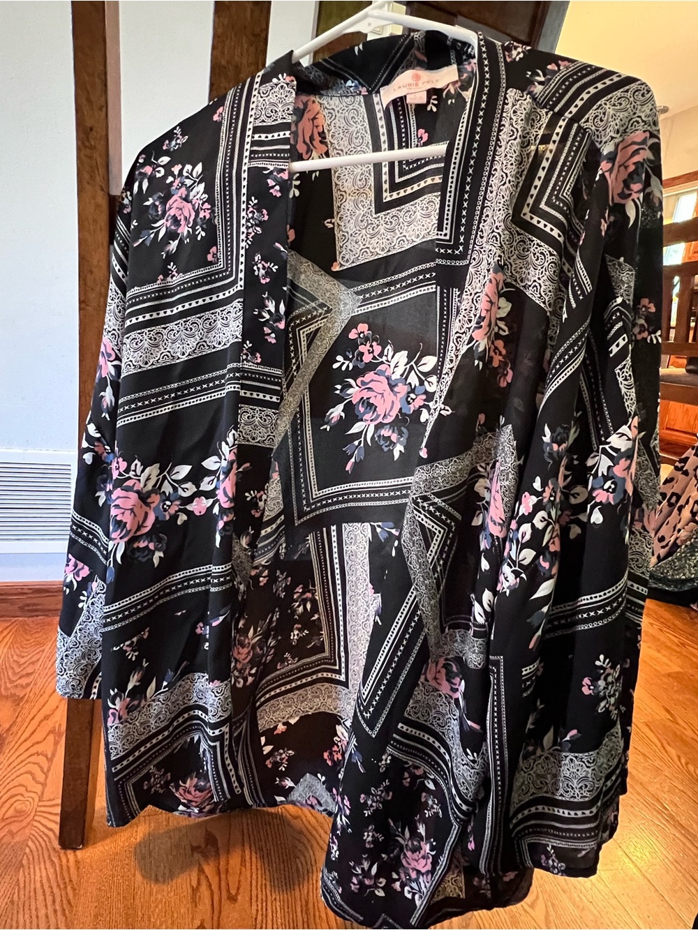 Black Floral Open-Front Cape Jacket with Pink Accents